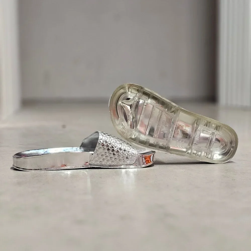 Metallic Silver Open-Toe Slide Sandals With Textured Upper & Clear Rubber Soles